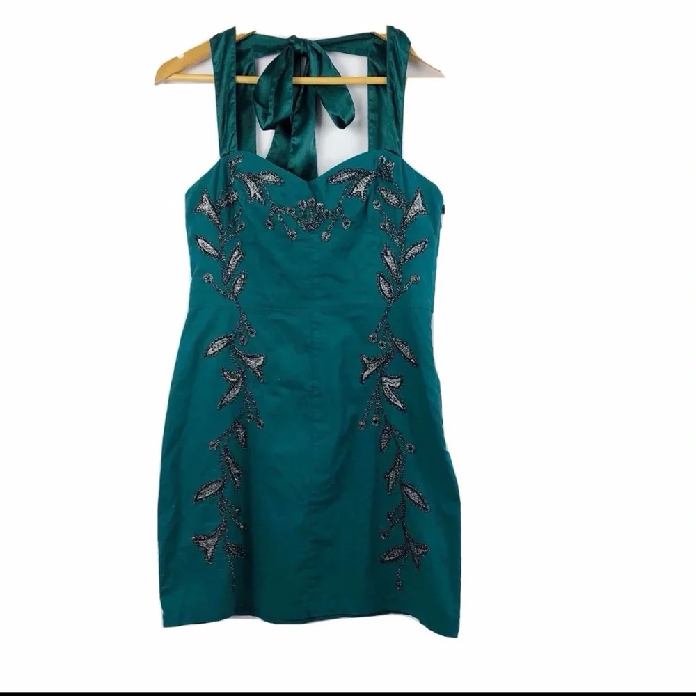 Free People Ocean Teal‎ Beaded Dress 6 Satin Tie Green Blue Shift